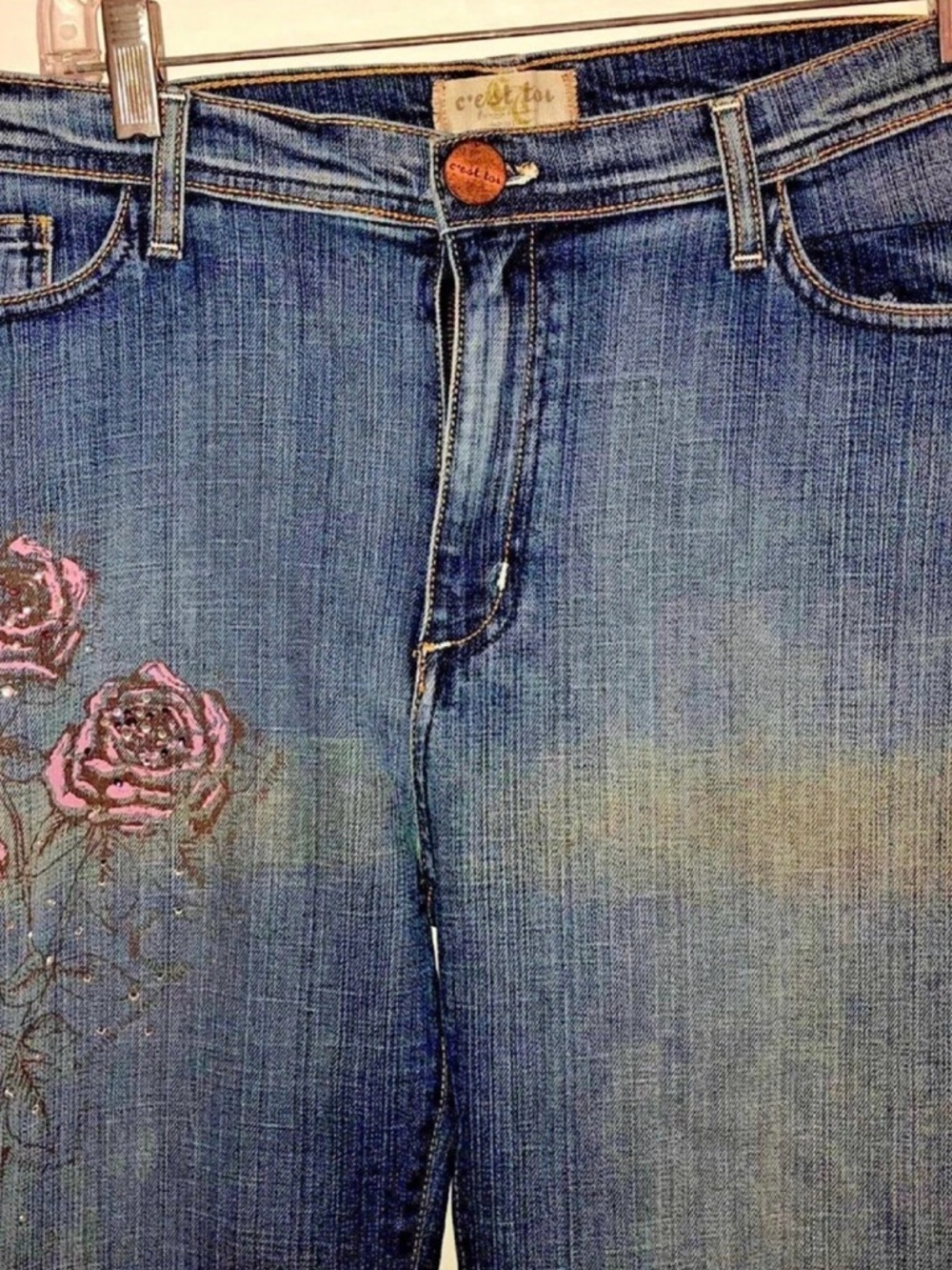 Womens C'est Toi Blue Jeans Size XL Rose Design Bohemian